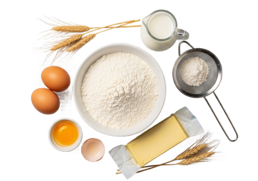 Top view of baking ingredients including flour eggs milk butter and wheat ears arranged in a circle isolated on transparent background