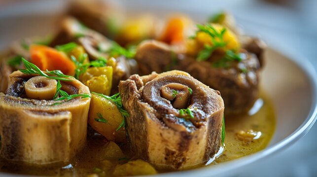 Stylized stew with marrow bones, hints of floral deco and mustard-colored accents
