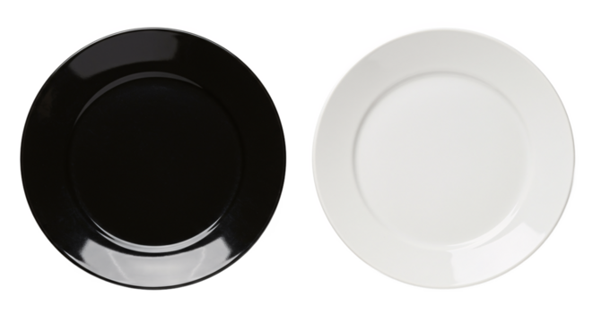 Two oval ceramic plates one black and one white displayed side by side isolated on transparent background