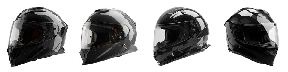 Fototapeta premium Set of modern glossy motorcycle helmet in black color, protective biker headgear, wide-angle motorbike helmet shot, shiny safety riding equipment transparent background