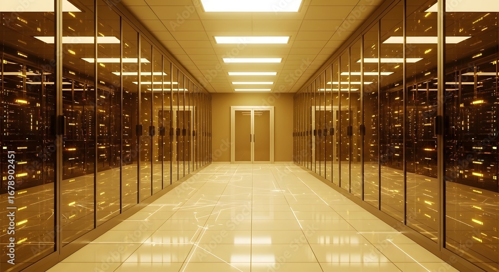 Aufkleber gleaming server room corridor with rows of illuminated data cabinets and modern lighting, perfect fo
