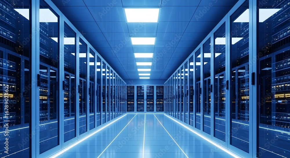 Aufkleber gleaming modern server room corridor with rows of illuminated data racks and bright ceiling lights c