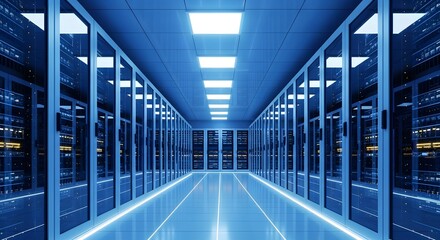 Gleaming modern server room corridor with rows of illuminated data racks and bright ceiling lights creating a futuristic technology hub atmosphere.