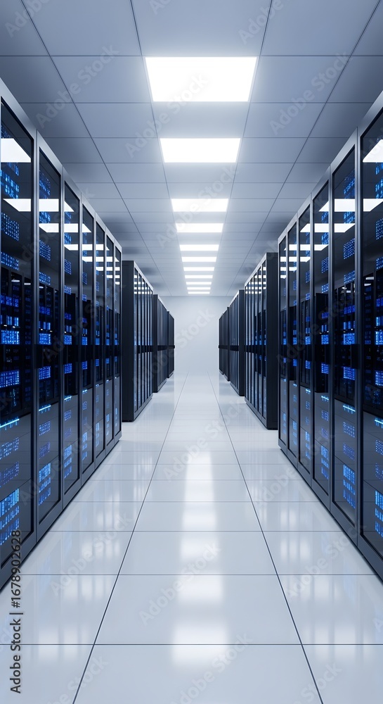 Aufkleber modern server room with rows of blinking blue lights and bright ceiling illumination showcasing adva
