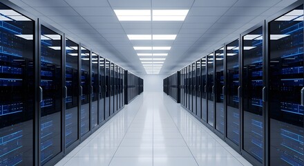 Sleek modern data center with rows of illuminated server racks creating a high-tech futuristic environment for IT infrastructure and cloud computing.