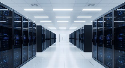 Modern server room with rows of illuminated data racks creating a futuristic, high-tech digital infrastructure backdrop