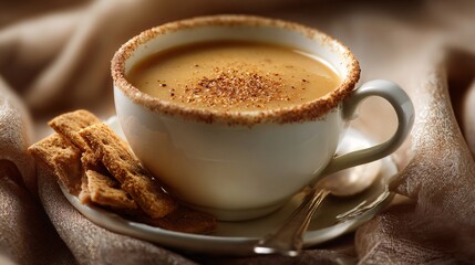 Obraz premium Sweet and savory apple soup, cinnamon-dusted rim, beige backdrop with cozy lighting