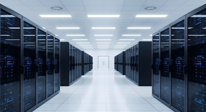 Modern server room with rows of illuminated data racks creating a futuristic, high-tech digital infrastructure backdrop