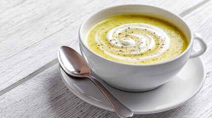 Sweet corn and zucchini soup with swirl of cream, styled on white-washed table with minimal cutlery