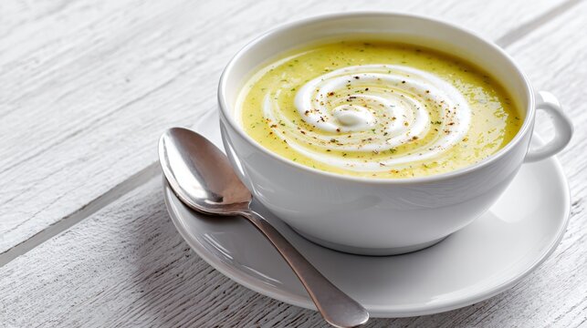 Sweet corn and zucchini soup with swirl of cream, styled on white-washed table with minimal cutlery