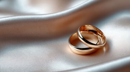 Two beautiful wedding rings glisten on luxurious satin fabric, symbolizing love and commitment, making this image a perfect representation of matrimonial bliss and romance.