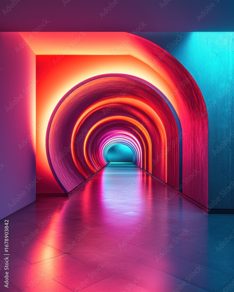 Poster Abstract Neon Lit Tunnel with Gradient Colors and Reflection tunnel abstract gradient reflection neon lights futuristic corridor vibrant colors perspective illuminated interior architectural cyber