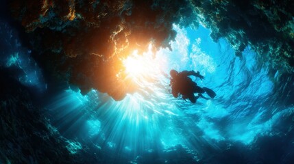 An adventurous scuba diver explores the depths underwater, illuminated by sun rays filtering through the ocean surface, evoking a sense of wonder and connection with marine life.