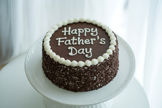 Delicious chocolate cake with "happy father's day" message on a white cake stand
