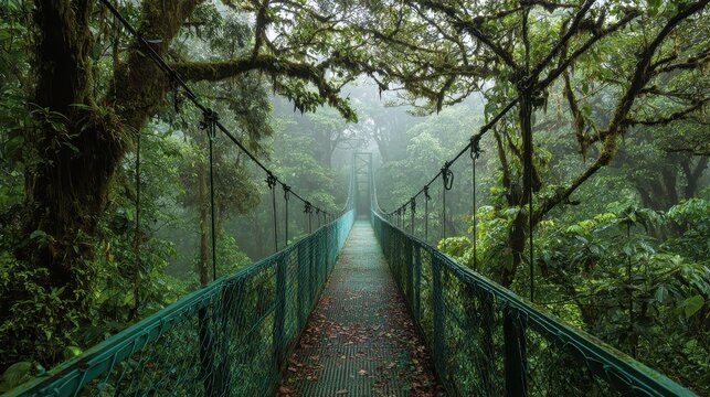 Costa Rica Monteverde. Bridge in Rainforest with Clouds and Tropical Vegetation
