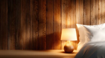 A serene and cozy bedroom featuring a wooden wall and a softly glowing lamp, perfect for promoting relaxation and comfort in home decor imagery.