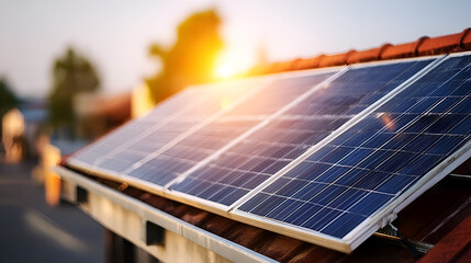 Capturing clean energy with solar panels glinting in the warm sunset glow on a residential rooftop, showcasing sustainable power. Ai Generated Images