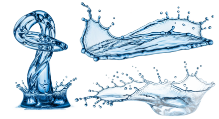 Dynamic blue water splashes frozen in motion creating abstract shapes isolated on transparent background