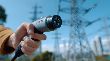 Man holding electric car charging plug ready to connect near power lines symbolizing sustainable energy future and innovation. Ai Generated Images