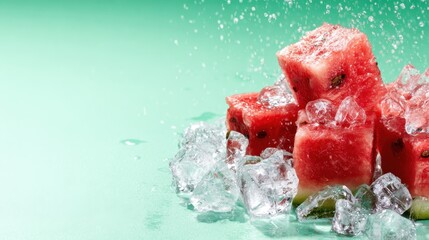 An enticing display of fresh watermelon cubes chilled on a bed of ice, ideal for evoking a sense of summer refreshment and juicy sweetness.