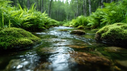 A tranquil stream meanders through thick, green vegetation, depicting a sense of calmness and connection with nature, perfect for anyone seeking peace and serenity.
