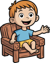 Cute and cheerful young boy with a happy smile sitting on a wooden chair and waving, vector illustration.