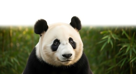 A giant panda bear with black and white fur sits among bamboo plants.