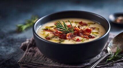White bean soup in navy bowl, topped with crispy pancetta and rosemary, on moody textured table