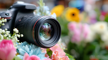 Capture stunning moments with this professional camera nestled among vibrant, colorful flowers, perfect for creative storytelling and photography. Ai Generated Images