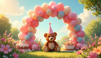 First birthday celebration illustration featuring teddy bear in party hat under pastel balloon arch. Adorable scene includes sweet treats, cakes, flowers in sunny garden setting, perfect for baby