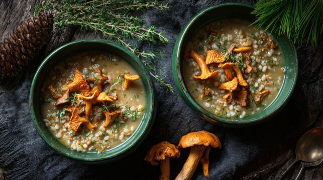 Wild mushroom and barley soup styled with whole chanterelles and thyme, served in forest green soup bowls on chalk-black linen - Powered by Adobe