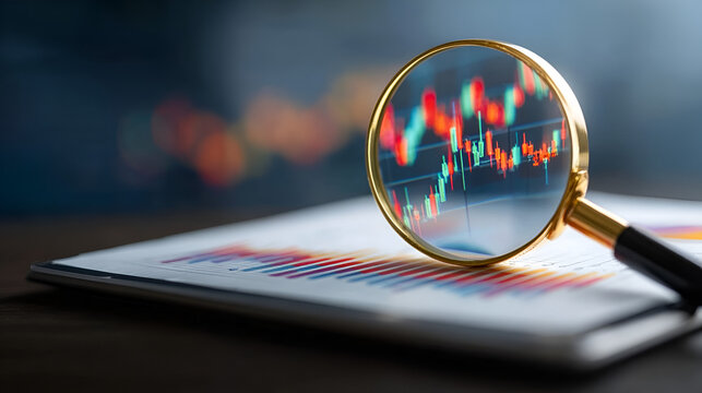 Magnifying glass reveals detailed stock market candlestick chart on financial report, symbolizing investment analysis and business growth. Ai Generated Images