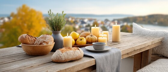 Autumn Gathering with Fresh Bread, Fruits, and Candles on a Rustic Table Overlooking a Scenic Outdoor Landscape