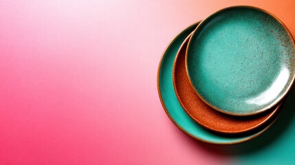 A visually appealing display of colorful plates stacked in an artistic manner against a stunning gradient background, highlighting design and culinary creativity.