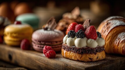 Exquisite patisserie arrangement featuring artisanal pastries and fresh berries