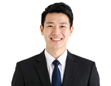 Businessman portrait isolated on white transparent background, Asian smiling busines