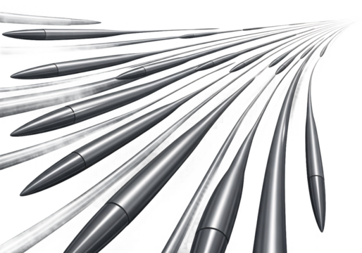 Abstract metallic bullet shapes converging into a tunnel creating a sense of speed and motion isolated on transparent background