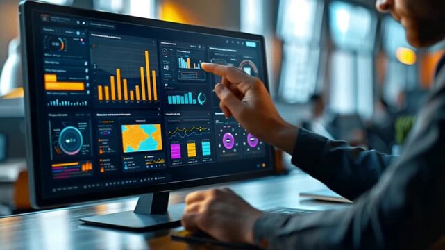 "Businessman analyzing data dashboard with interactive charts", "Big data analytics and visualization on computer screen", "Financial metrics and KPIs on modern digital dashboard"
