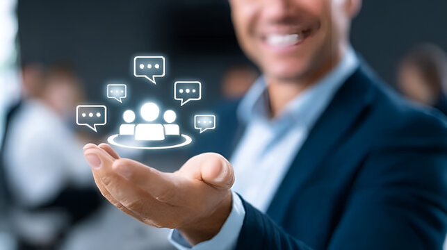 Confident businessman shares glowing network communication icons representing team connection and dialogue, symbolizing growth and collaboration. Ai Generated Images