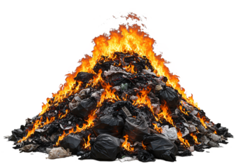 A large bonfire with bright orange flames consuming a pile of assorted debris and trash isolated on transparent background