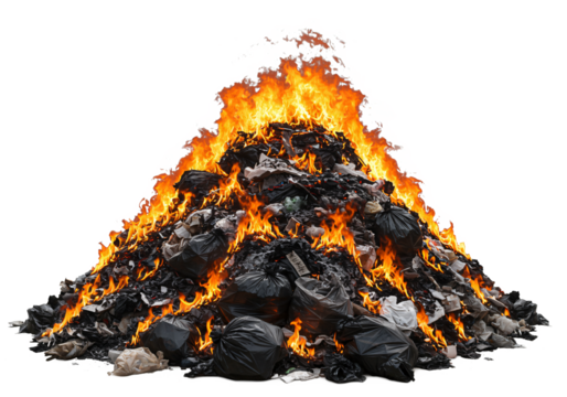 A large bonfire with bright orange flames consuming a pile of assorted debris and trash isolated on transparent background