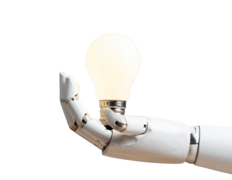 i robot hand holding lightbulb on isolated transparent background