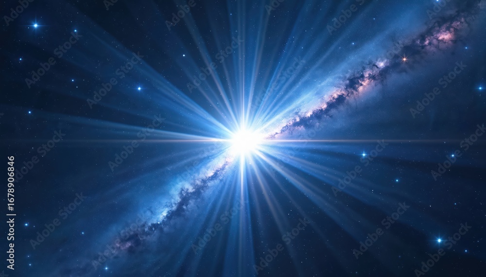Wall mural bright star shines with rays in deep space near spiral galaxy. blue light streaks across dark sky, i