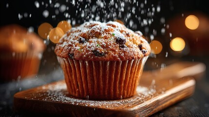 Single muffin in spotlight with dramatic bokeh and warm tone for hero food shot Image 4K UHD
