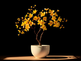 Chiaroscuro Elegance: Yellow Apricot Blossom Tet Vase