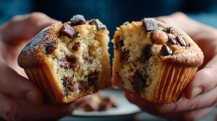 Muffin split in two revealing soft moist texture with chocolate filling Image 4K UHD