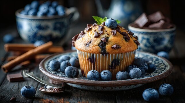 Gourmet muffin on blue plate with matching cup in cafe style setup Image 4K UHD