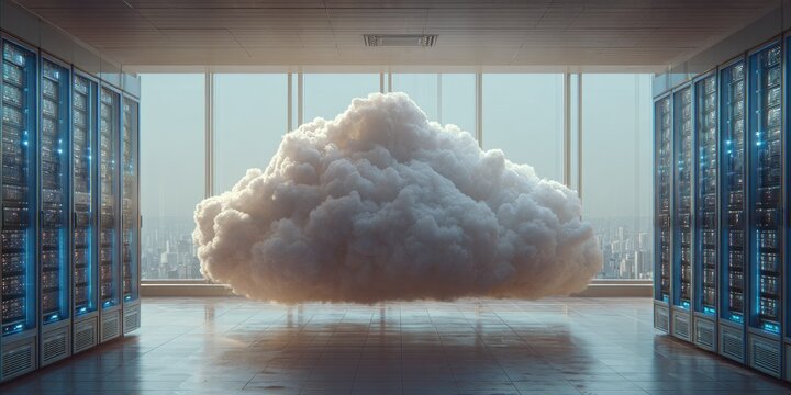 A large fluffy cloud inside a modern server room representing cloud computing technology.