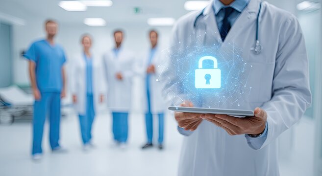 Doctor Holding Tablet with Secure Healthcare Data Lock Icon.