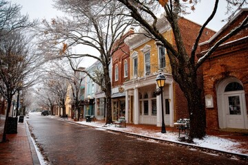 Fototapeta premium Downtown Virginia Street Scene with Old Buildings and Snow-Covered Streets
